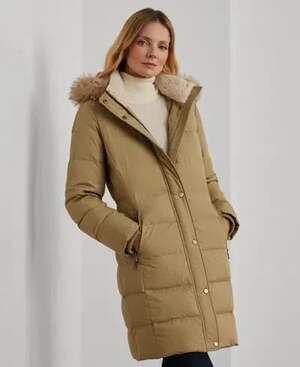 Lauren Ralph Lauren Women's Faux-Fur-Trim Hooded Down Puffer Coat size M.